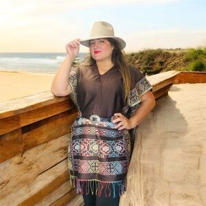 Bohemian Patterned Poncho with Fringe